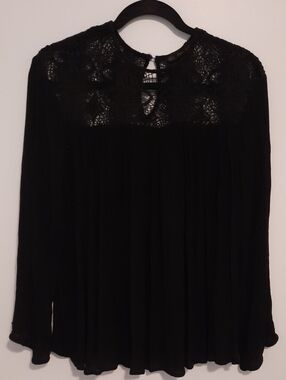 Zara Black Lace Yoke Long-Sleeve Blouse Size S